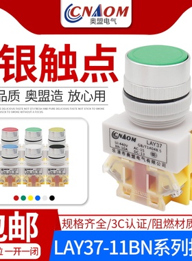 奥盟A级自复位按钮开关LAY37-11BN平头22MM一常开常闭PBC平钮Y090