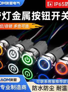 金属按钮开关防水自锁自复位12/16/19/22MM小圆形24V带灯电源按键