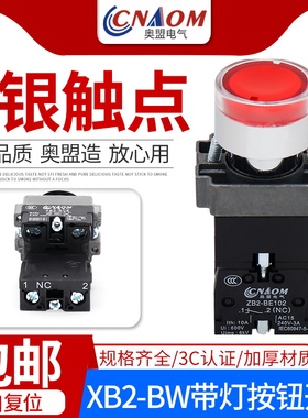 奥盟按钮XB2-BW3462红色带灯电源开关一常闭自复位银触点加厚型