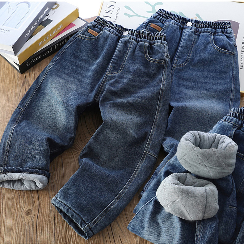一条过冬 男童夹棉加厚牛仔裤儿童冬季三层保暖棉裤中大童长裤子