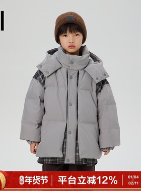 【高充绒】ei童装儿童连帽款羽绒服冬装新款中大童拼接款外套