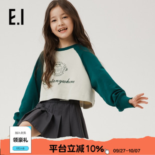 女童短款 ei童裝 商場同款 T恤 新款 復古插肩袖 衛(wèi)衣春裝