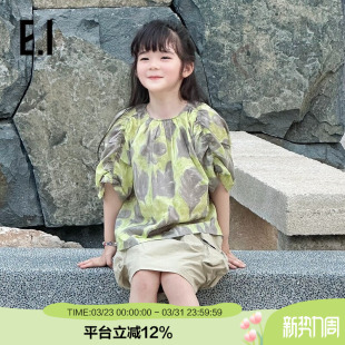 新款 套头T恤夏季 中大童纯棉水墨印花休闲上衣 女童短袖 ei童装