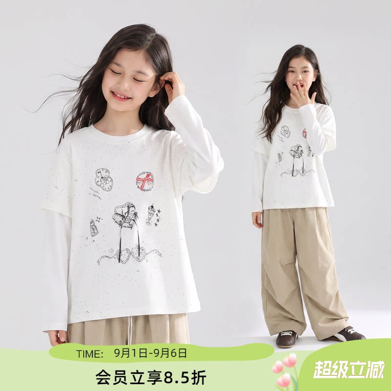 ei童装女童假两件长袖T恤图片