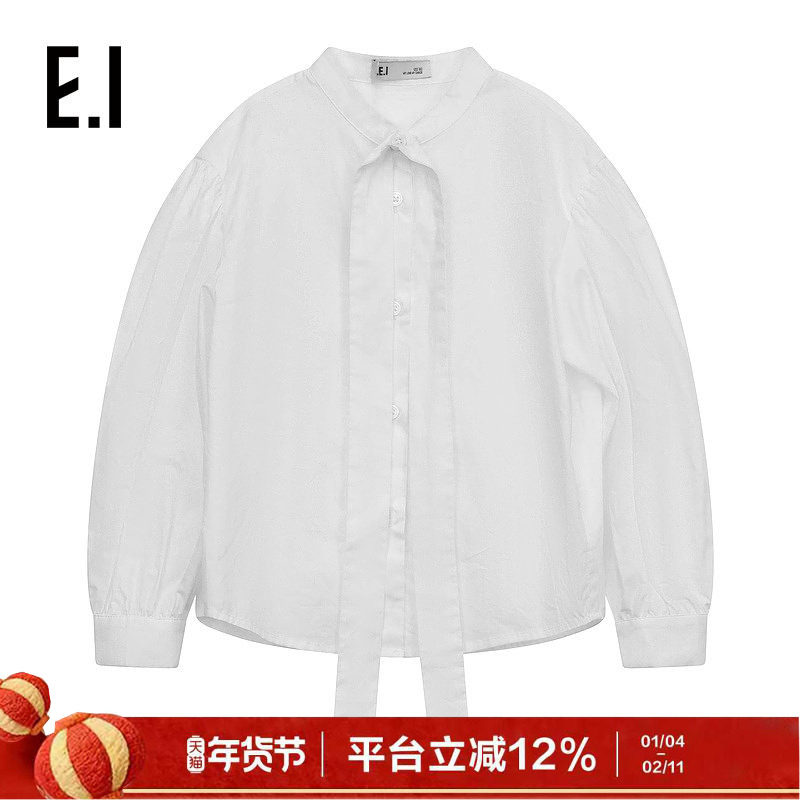 ei童装女童长袖衬衫秋装新款韩版白色系带学院风百搭洋气衬衣
