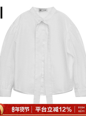 ei童装女童长袖衬衫秋装新款韩版白色系带学院风百搭洋气衬衣