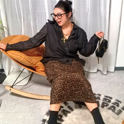 大码胖MM豹纹半身裙女中长款A字