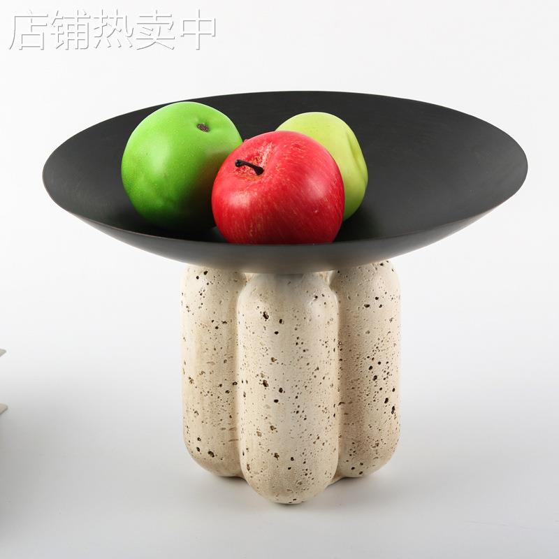 侘寂艺术仿洞石果盘摆件复古欧式圆形水果零食干果碟样板房装饰品