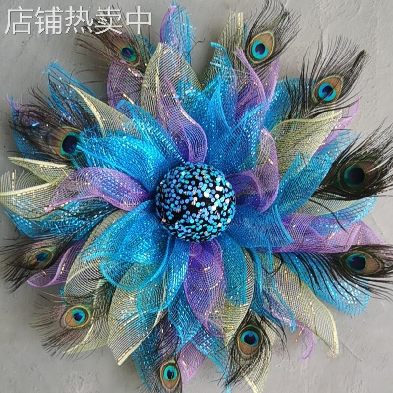 独立站孔雀羽毛装饰花环家居卧室挂件装饰品仿真花壁挂门挂吊件