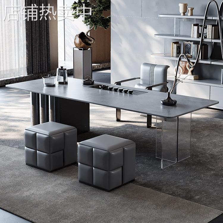 轻奢岩板茶台办公室现代简约茶桌椅组合一体接待室高端别墅大茶台