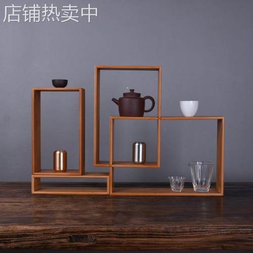 简约现代竹博古架 多宝阁盆景摆件实木小展示柜 茶具茶杯收纳组合