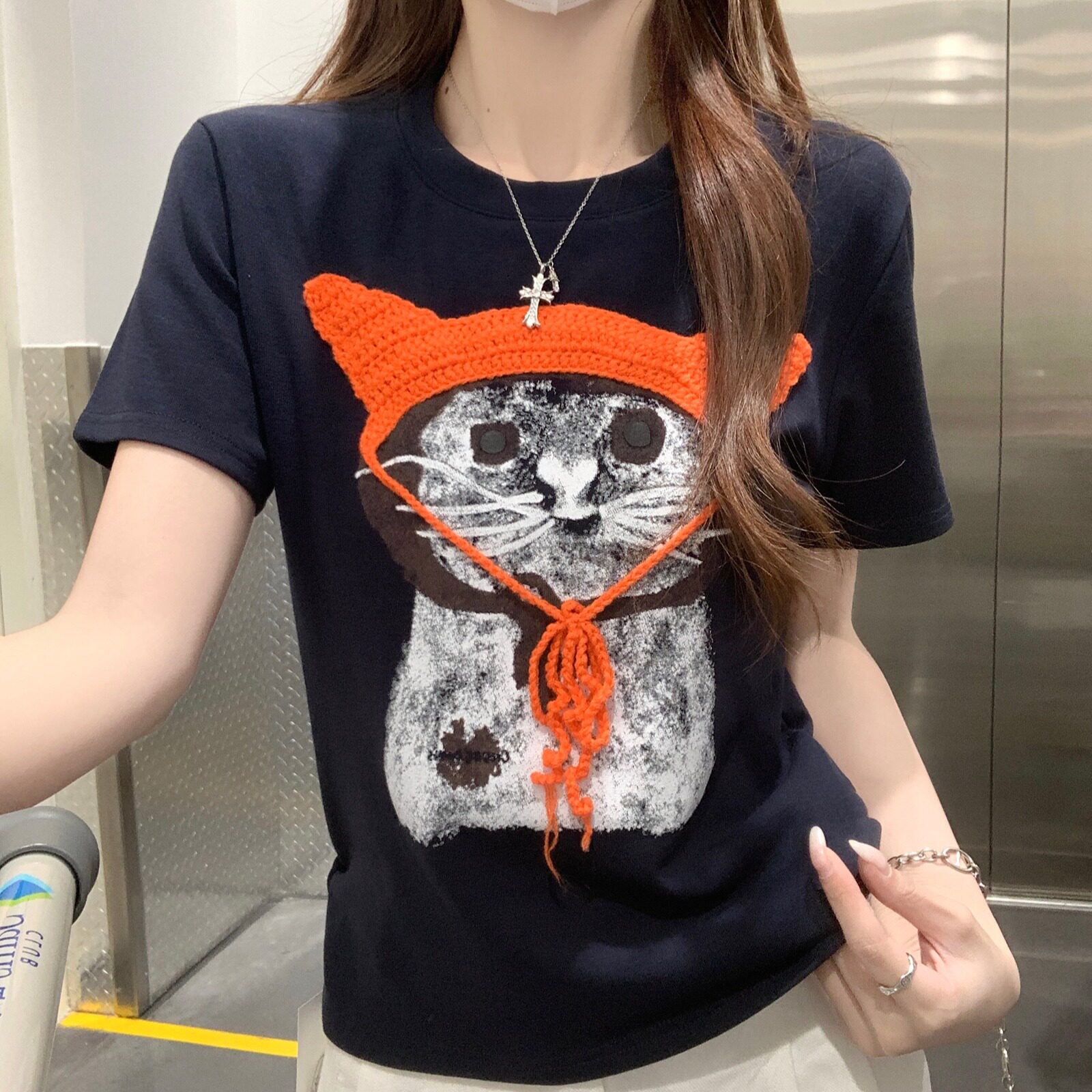 美式条纹短袖t恤夏2025潮新款短款修身五分袖U领上衣韩版女装