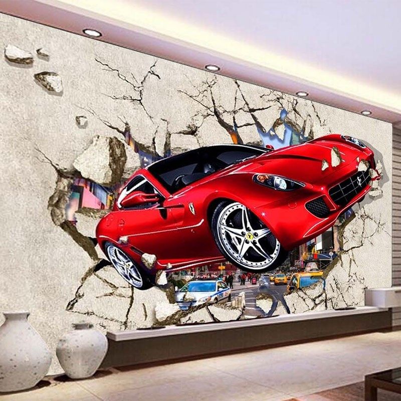 3d broken wall red car mural wallpaper modern creative kids