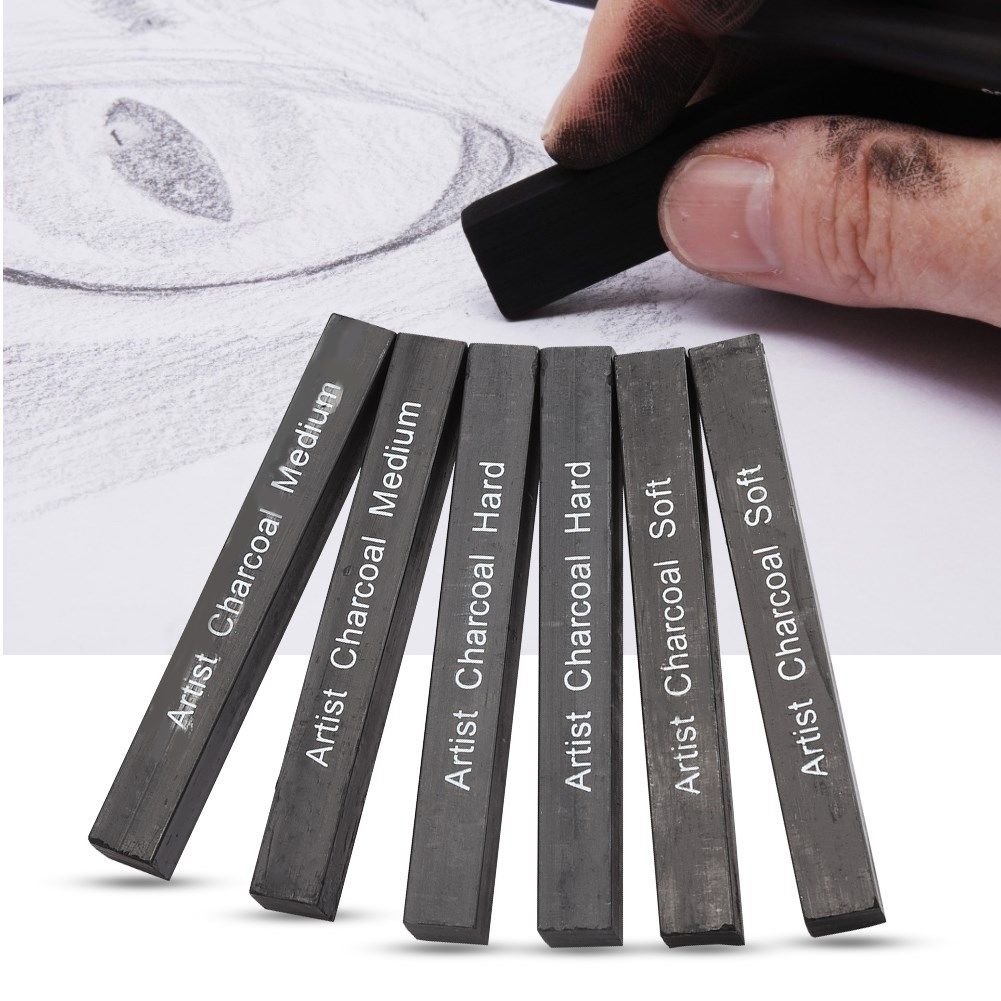 soft/medium/hard 6pcs compressed charcoal sticks black squa