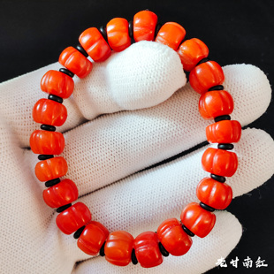 藏传回流原矿天然老南红老甘红南瓜珠手串精品柿子红满色满肉手链