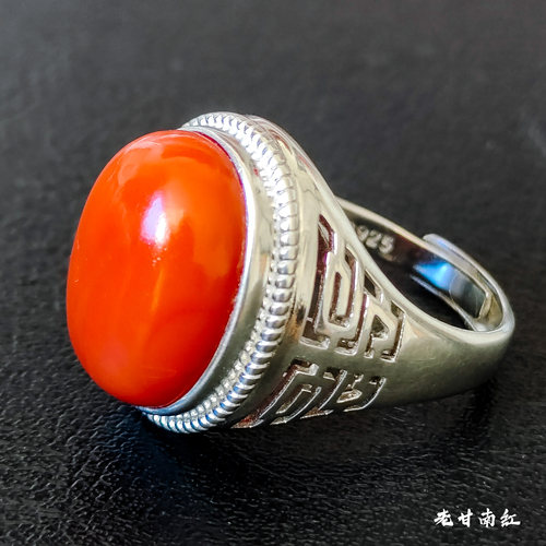 藏传天然原矿老甘南红戒指精品收藏级满色满肉柿子红扳指一物一证