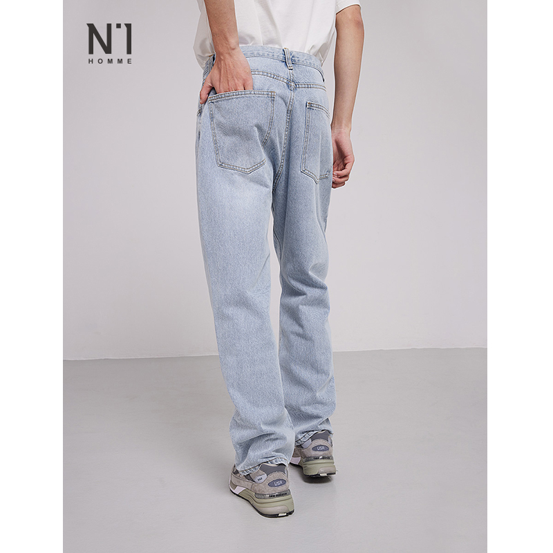 N1定制全棉牛仔裤男韩版春夏新款宽松直筒男裤做旧水洗休闲裤子