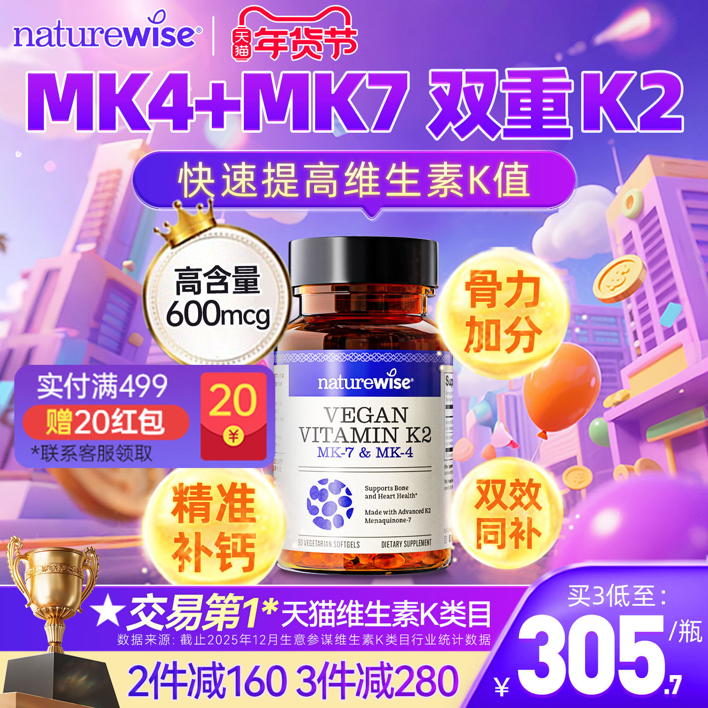 Naturewise维生素k2正品官方k2mk4mk7维k维生素d3k2镁阳光瓶k2,保健食品/膳食营养补充食品,维生素K,淘宝优惠券,粉丝福利购,淘宝优惠卷
