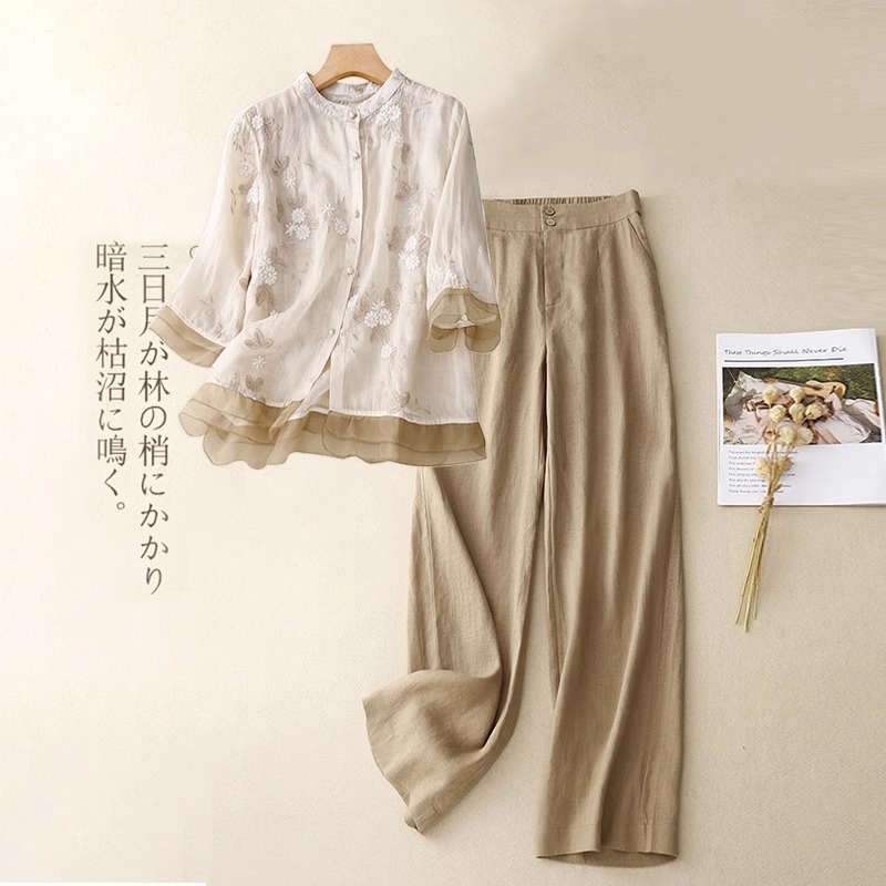 夏季棉麻短袖套装女薄款2025新款高端妈妈装亚麻上衣阔腿裤两件套