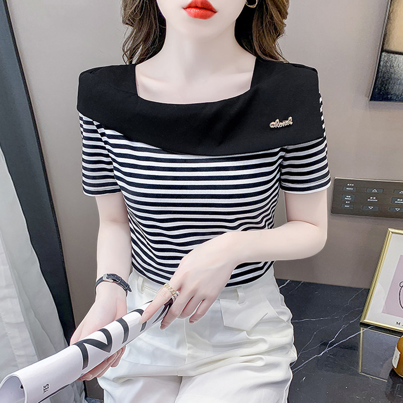 方领纯棉短袖t恤女夏季薄款2025新款时尚洋派修身显瘦条纹上衣女