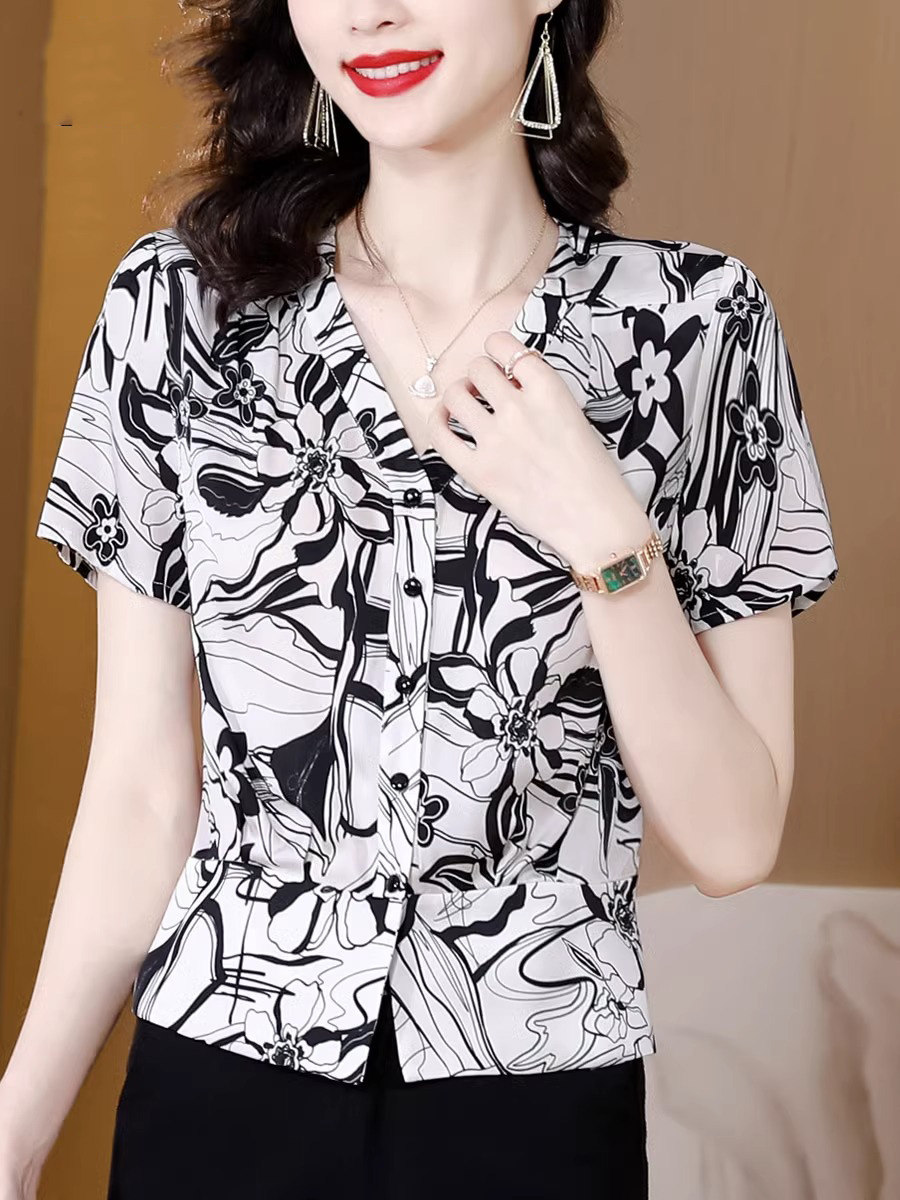 雪纺衫女短袖衬衫气质夏季2026新款收腰显瘦短款V领碎花T恤女上衣