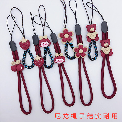 酒红色小女孩手机挂绳手腕带可爱卡通小熊指环扣短绳防丢绳子挂件