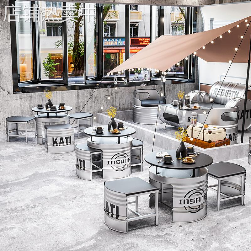 酒吧卡座沙发 奶茶店休息洽谈区茶几桌椅组合 工业风创意油桶