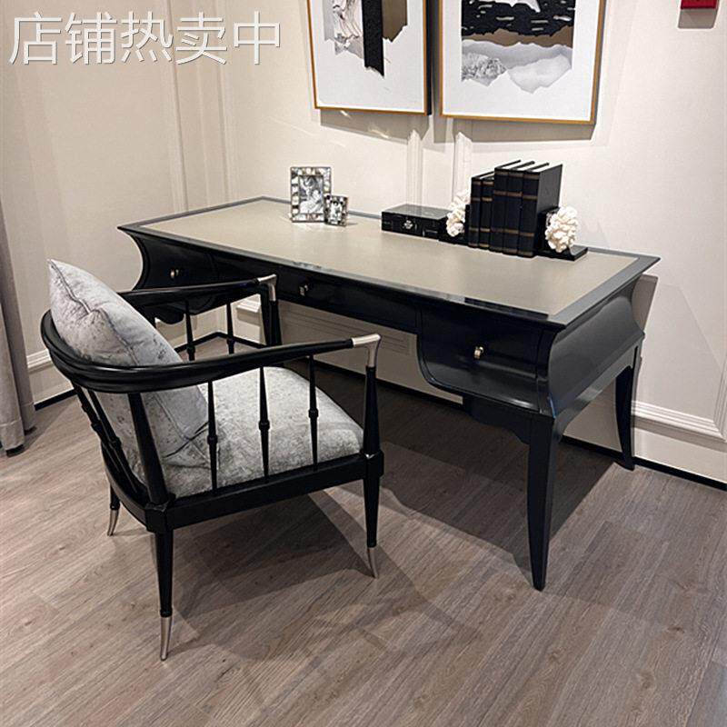 黑色全实木书桌美式家用书房卧室欧式法式复古小户型电脑桌写字桌