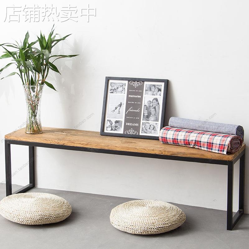 美式LOFT长条凳复古铁艺长凳子实木家具餐椅玄关坐凳换鞋凳休息g&