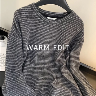 【慵懒打底】LOW风磨毛澳洲进口绒加厚条纹长袖T恤秋冬宽松打底