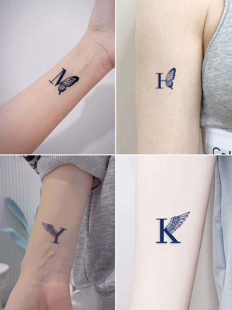 她画 大写字母英文草本纹身贴防水持久女蝴蝶翅膀情侣爱情贴纸