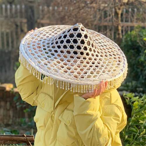 春三月古风帽子镂空斗笠舞蹈斗笠竹帽白色走秀吊珠流苏斗笠浔山行