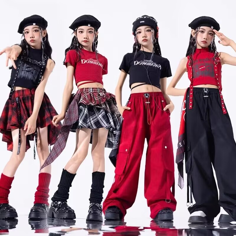 儿童爵士舞服装格子裙甜酷女童走秀潮服T台模特时尚jazz套装辣妹