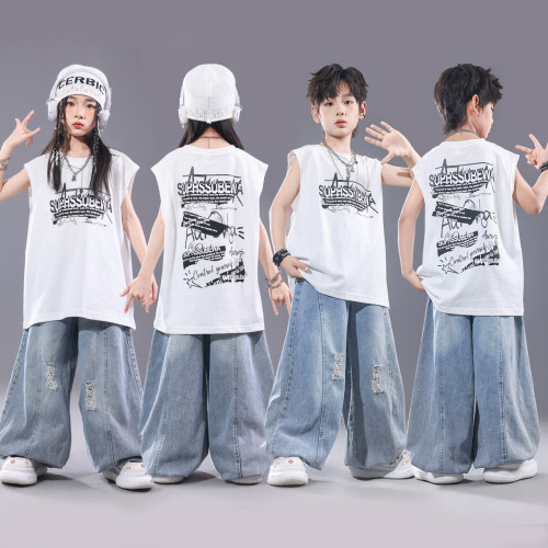 儿童街舞潮服男童嘻哈hiphop演出服潮炫酷少儿夏季短袖牛仔裤套装