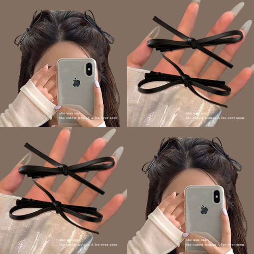 黑色皮质蝴蝶结发夹边夹侧边刘海