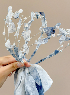 蓝色蝴蝶结飘带发箍丝巾发带女绑发一体头箍编发神器头饰发捆发卡