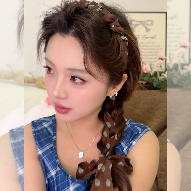 高颅顶复古波点棕色齿梳发箍飘带绑发一体头箍丝巾发带编发头饰女,饰品/流行首饰/时尚饰品新,发饰,淘宝优惠券,粉丝福利购,淘宝优惠卷