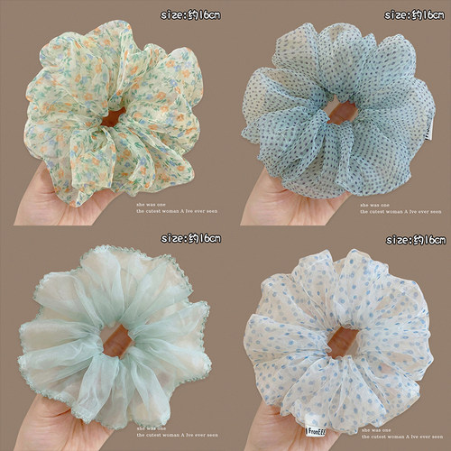 慵懒风网纱绿色碎花波点大肠发圈