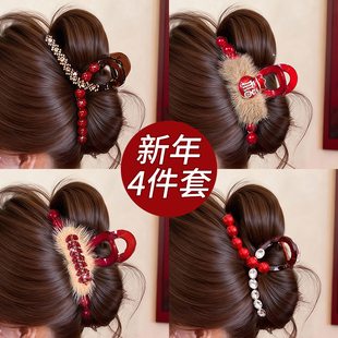 新年红色水钻毛绒发夹头饰女后脑勺鲨鱼夹高级感大号盘发抓夹发卡