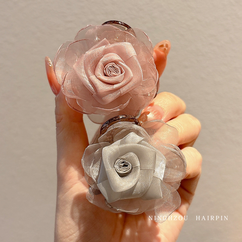 网纱玫瑰花朵抓夹女小号后脑勺