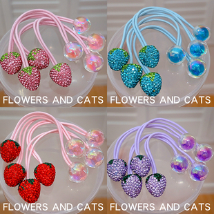 橡皮筋扎头头绳多巴胺彩色水钻草莓发圈女儿童高弹力耐用发绳头饰