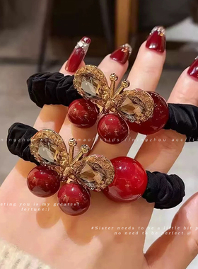 新年红色水钻蝴蝶发圈头绳女成人扎头发皮筋高弹力发绳丸子头发饰