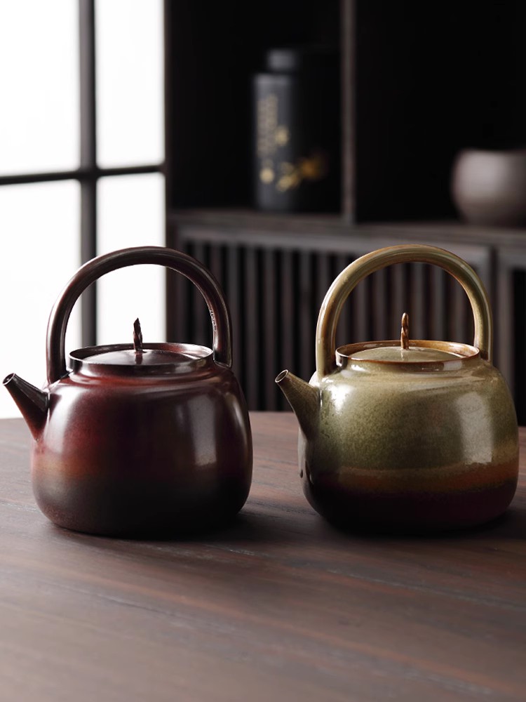 明德园秋实提梁壶红泥柴烧釉烧煮水茶陶壶红淘文创大容量煮茶壶