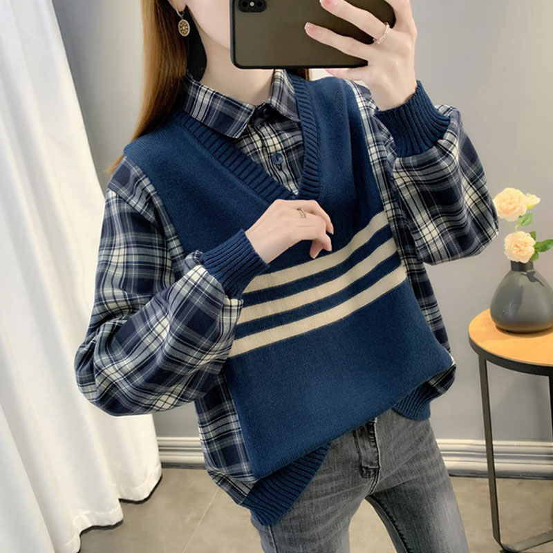 宽松显瘦2025年秋季新款针织衫内搭时尚女士衬衣领拼接假两件上衣