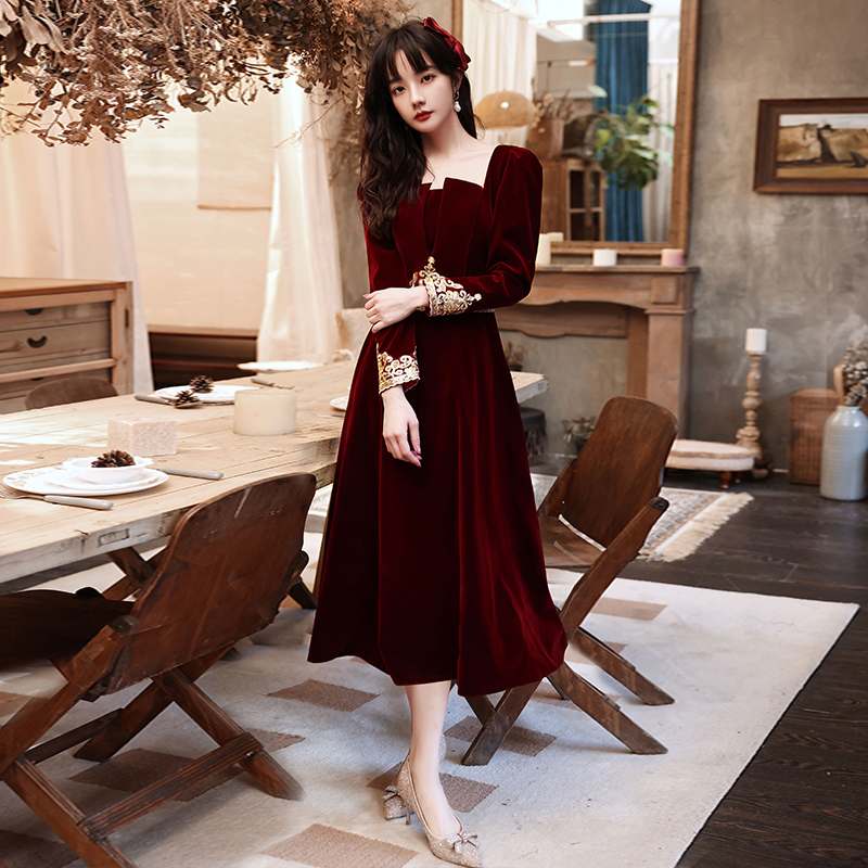 2022丝绒敬h酒服2022新款结婚酒红色长款新娘晚礼服长袖气质遮手|ruв категории Женская одежда, Cвадебные платья, платье/вечернее платье - от Buy2taobao.com для оказания профессиональной услуги покупки агента Taobao