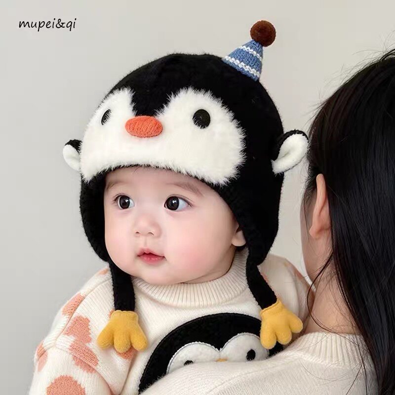宝宝护耳帽秋冬季男童女婴幼儿韩版可爱企鹅毛绒帽冬天套头帽保暖