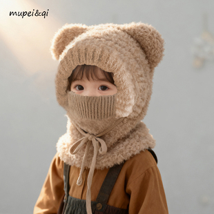 儿童帽子冬季帽子围脖口罩一体针织保暖加厚加绒帽男女童宝宝护耳