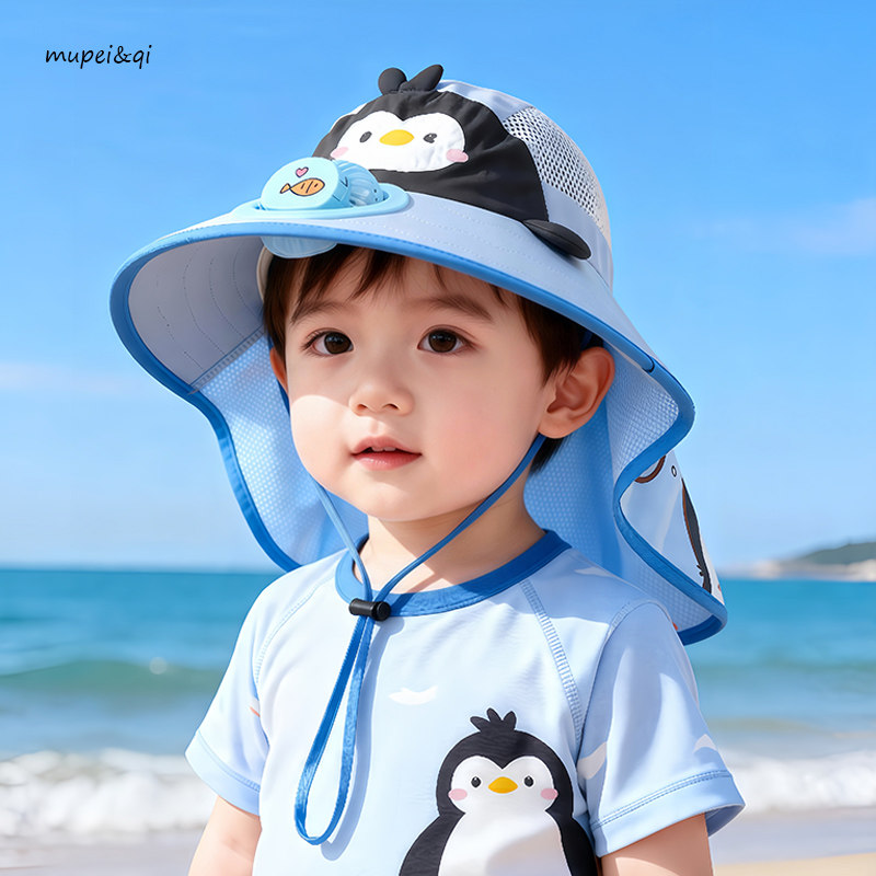 儿童防晒帽夏季可爱企鹅披肩帽子