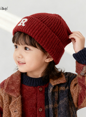 儿童毛线帽秋冬保暖套头帽男女童字母R标红色针织帽宝宝瓜皮帽子