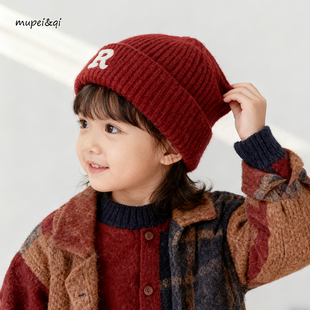 儿童毛线帽秋冬保暖套头帽男女童字母R标红色针织帽宝宝瓜皮帽子
